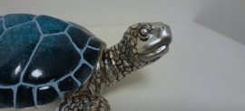 Schildpad - Decoratie  - Blauw- Zilver - Beeld - 16x16x6.5cm - Polyserin - Hanger