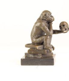 Bronzen beeld aap met mensenschedel