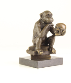 Bronzen beeld aap met mensenschedel
