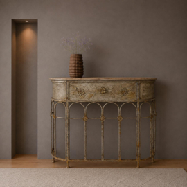 Vintage industriële sidetable met houten blad