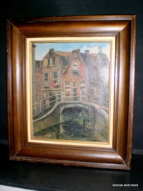 Schilderij grachtenpand te Delft