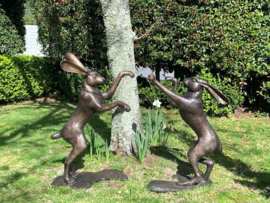 Boksende bronzen hazen tuinbeeld