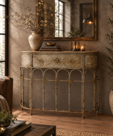 Vintage industriële sidetable met houten blad
