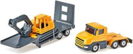 Vrachtwagen met dieplader en graafmachine