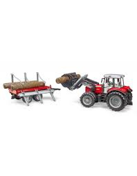 Massey Ferguson met voorlader en houttransporter / houtkar