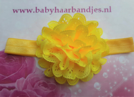 Smalle gele baby haarband met gele kanten bloem.