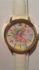 Unicorn Horloge met parelmoer witte band.