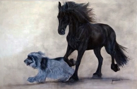 Paardenschilderij 'Fries & Cocker Spaniel'