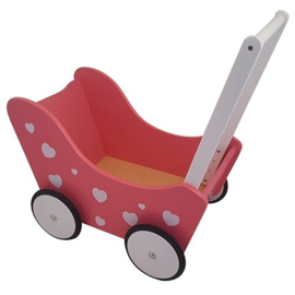 Houten roze poppenwagen hartjes met/zonder naam