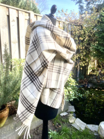Wollen omslagdoek ivoor met bruin geruit 250x70cm