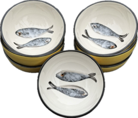 Portugese Kom Sardines | Geel met Zwart | Handbeschilderd Steengoed | 250 ml