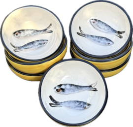 Portugees Rond Schaaltje Sardines | Geel met Zwart | Handbeschilderd Steengoed | 170 ml