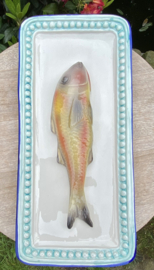Witte vierkante schaal met turkooisblauwe rand 37x17cm met geïntegreerde Mul + gratis bordenspanner