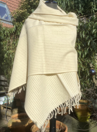 Wollen omslagdoek ivoor met bruine strepen 200x70cm