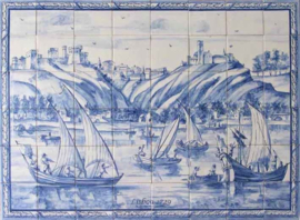 Handbeschilderd tegelpaneel Lisboa séc XVIII (48 tegels 14x14cm)