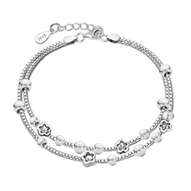 silver flowers beads double row charm bracelet