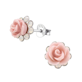 silver pink rose crystal earrings