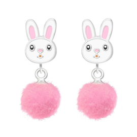 silver rabbit pom pom earrings