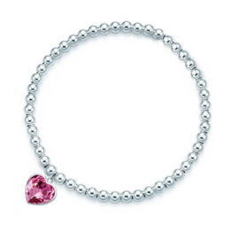 silver beads bracelet heart  crystal pink