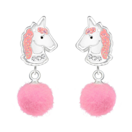 silver unicorn pom pom earrings crystal