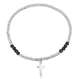 Zilveren met zwarte Onyx bolletjes armband kruis
