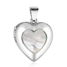 Zilveren foto medaillon hartje parelmoer hanger
