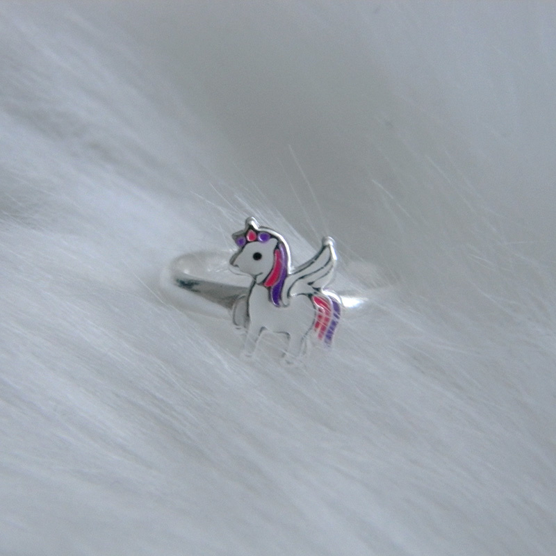 925 Sterling Silver Gorgeous Unicorn White Pink Purple Adjustable Kids Ring 