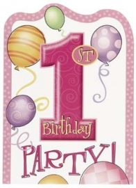 Uitnodigingen 1 jaar, pink balloons