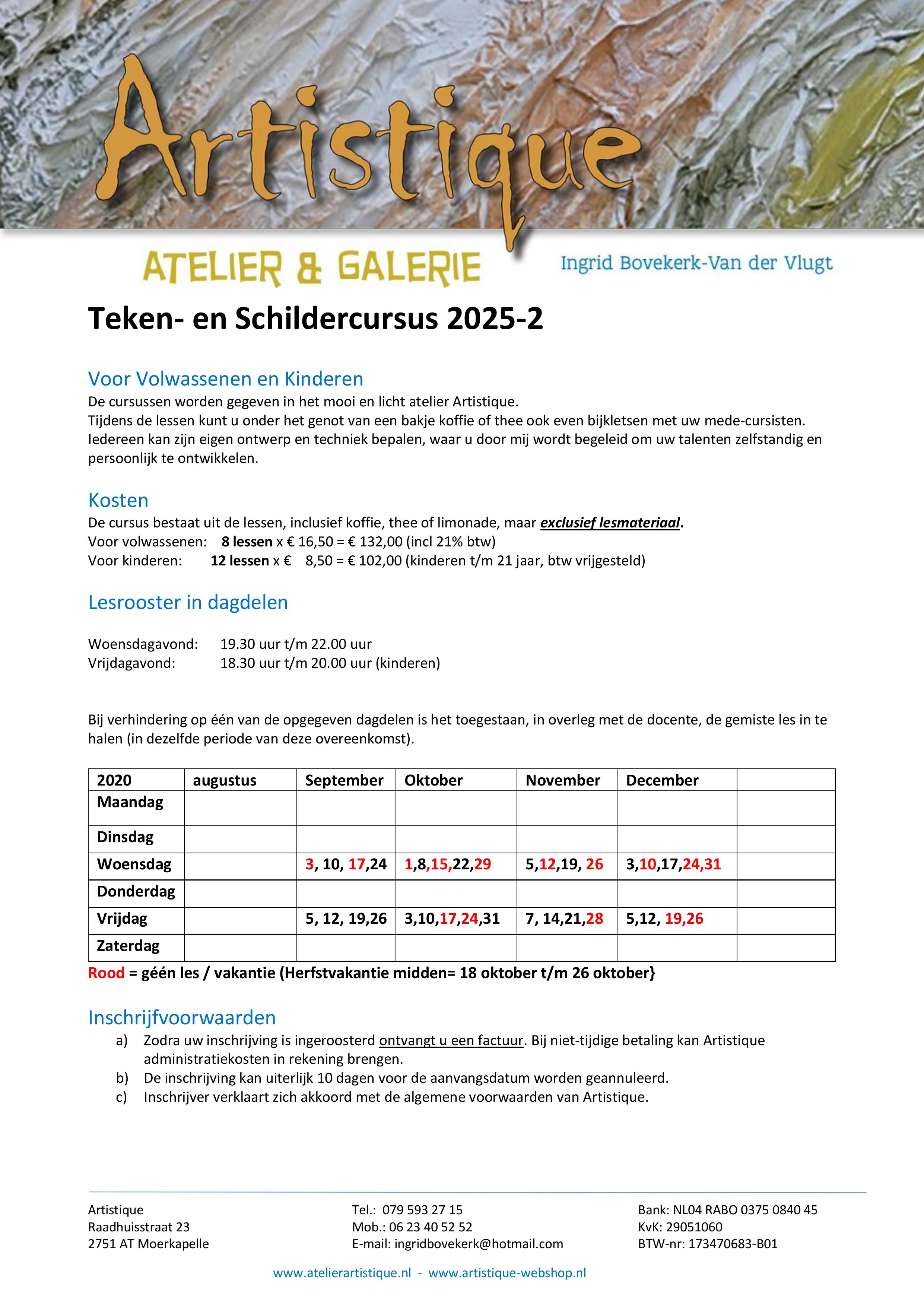 Cursus teken- en schilderen voor volwassenen.