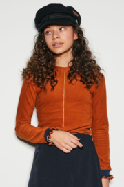 Nobell-KeilaB velours rib tshirt with piping detail at front+ruffled sleeve cuffs-Cinnamon-Brown