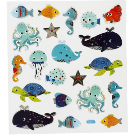 Creotime-Stickers,vel 15x16,5 cm 22 stuk, , Zeedieren,  1vel-Multi  Color