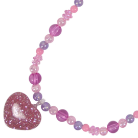 Klijn-Kindercollier & armband-glitter hart- rose