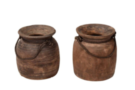 Oude houten pot met touw L