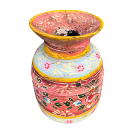handgeschilderde oud nepalese houten pot L 31 cm pink