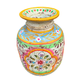 handgeschilderde oud nepalese houten pot L 31 white