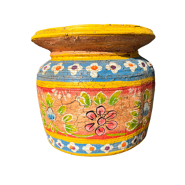 handgeschilderde oud nepalese houten pot L orange yellow3