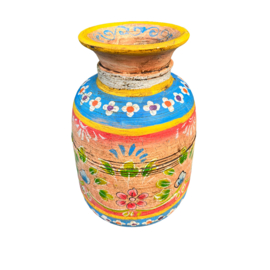 handgeschilderde oud nepalese houten pot L 31 orange blue
