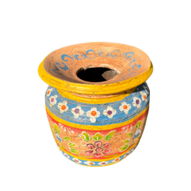 handgeschilderde oud nepalese houten pot L orange yellow3