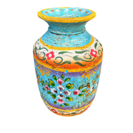 handgeschilderde oud nepalese houten pot L 31 blue