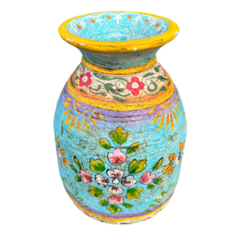handgeschilderde oud nepalese houten pot L 32 blue