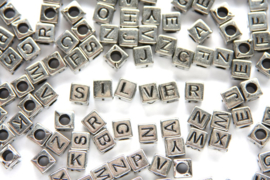 Letterkraal, Mix, Letters, Vierkant, Acryl, Zilver/Zwart, 6mm, 100 st