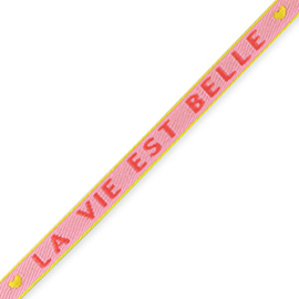 Tekstlint "la vie est belle" Light pink-amarena red pink 1 meter