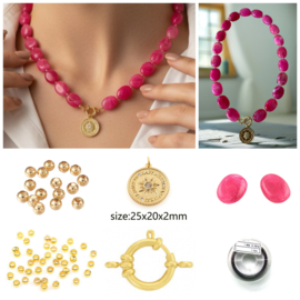 DIY Pakket acrylkralen ovalen ketting pink met bedel