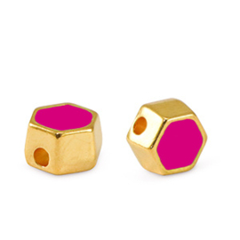 Metaal kralen DQ hexagon Goud-neon fuchsia pink (nikkelvrij)