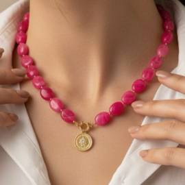 DIY Pakket acrylkralen ovalen ketting pink met bedel