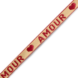 Tekstlint "amour" Beige-warm red 1 meter