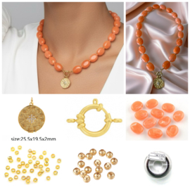 DIY Pakket acrylkralen ovalen ketting orange met bedel