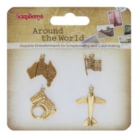 ScrapBerry's - Metal charms set Around the World 1, 4 stuks