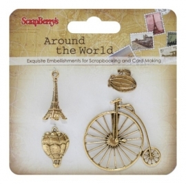 ScrapBerry's - Metal charms set Around the World 2, 4 stuks