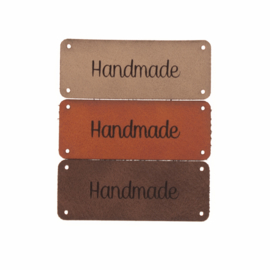 Leren label 20x50mm 'Handmade' (4-gaten) Baybrown 3st.